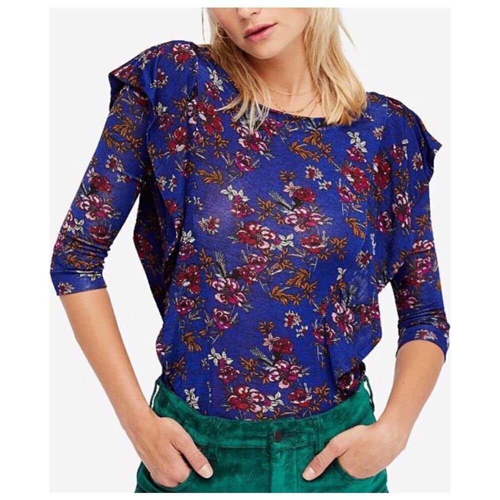 Free People Dock Street Top Blue Floral Ruffle Long Sleeve Size M